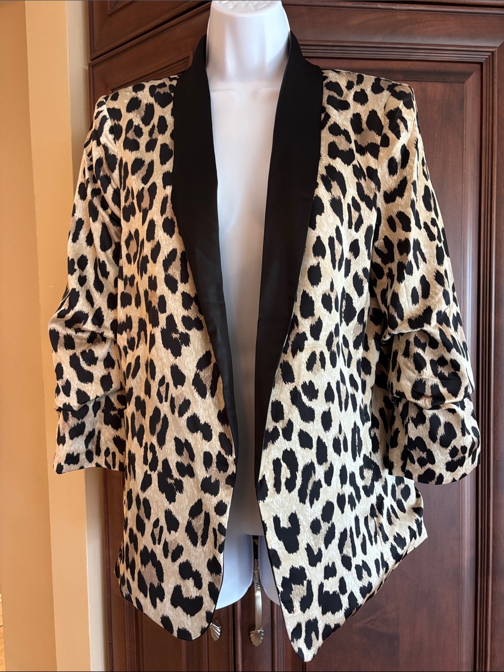 eesome Leopard Print Open Blazer Jacket - Black & Cream